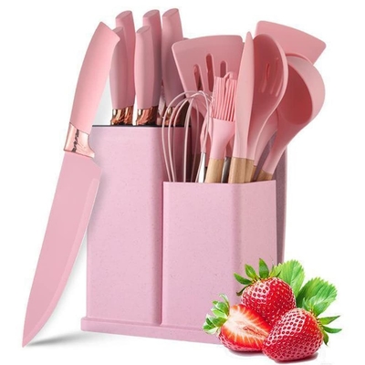 قیمت خوب 19pcs غیر چسب سیلیکون آشپزخانه ظروف آشپزخانه اسپاتولا مجموعه با حامل، چوب دستگیره سیلیکون آشپزخانه ابزار آنلاین