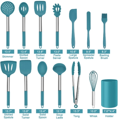 قیمت خوب 14 قطعه آشپزخانه آشپزی سیلیکون ابزار بسته بندی با دستگیره فولاد ضد زنگ ابزار آشپزخانه بسته بندی برای آشپزخانه غیر چسب آنلاین