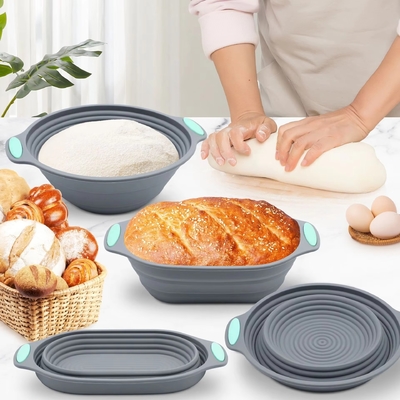 قیمت خوب مجموعه سبد اثبات و پخت نان خمیر ترش سیلیکونی ممتاز - شامل کاسه های تاشو بیضی و گرد (9.5 اینچ) - ایمن برای فر و ماشین ظرفشویی، هدایایی برای نانواهای هنرمند آنلاین